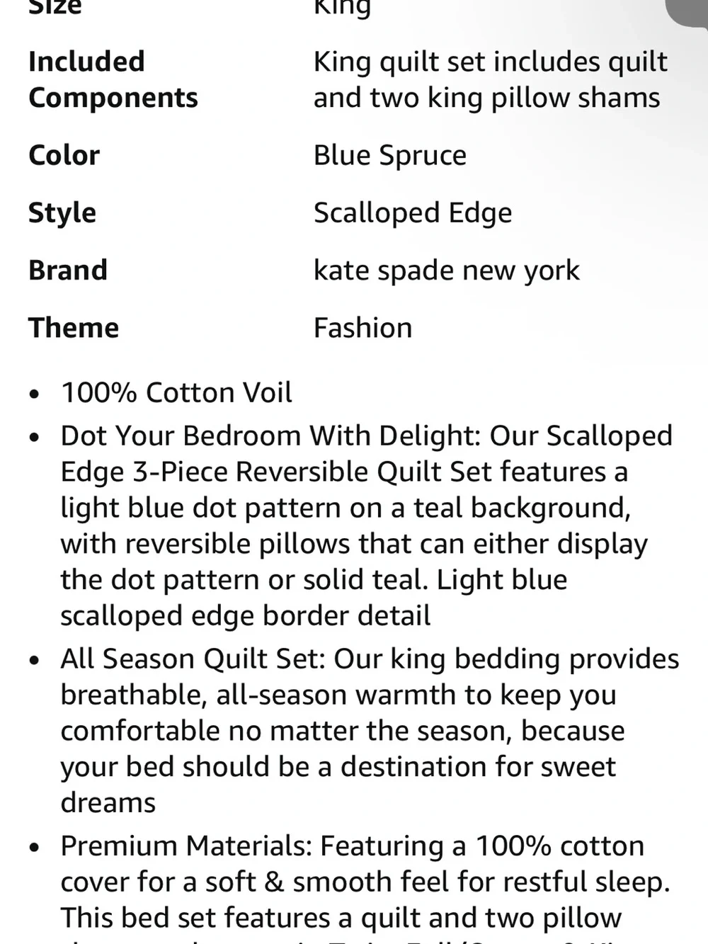 New kate spade scalloped edge 3 piece King size quilt set in blue spruce